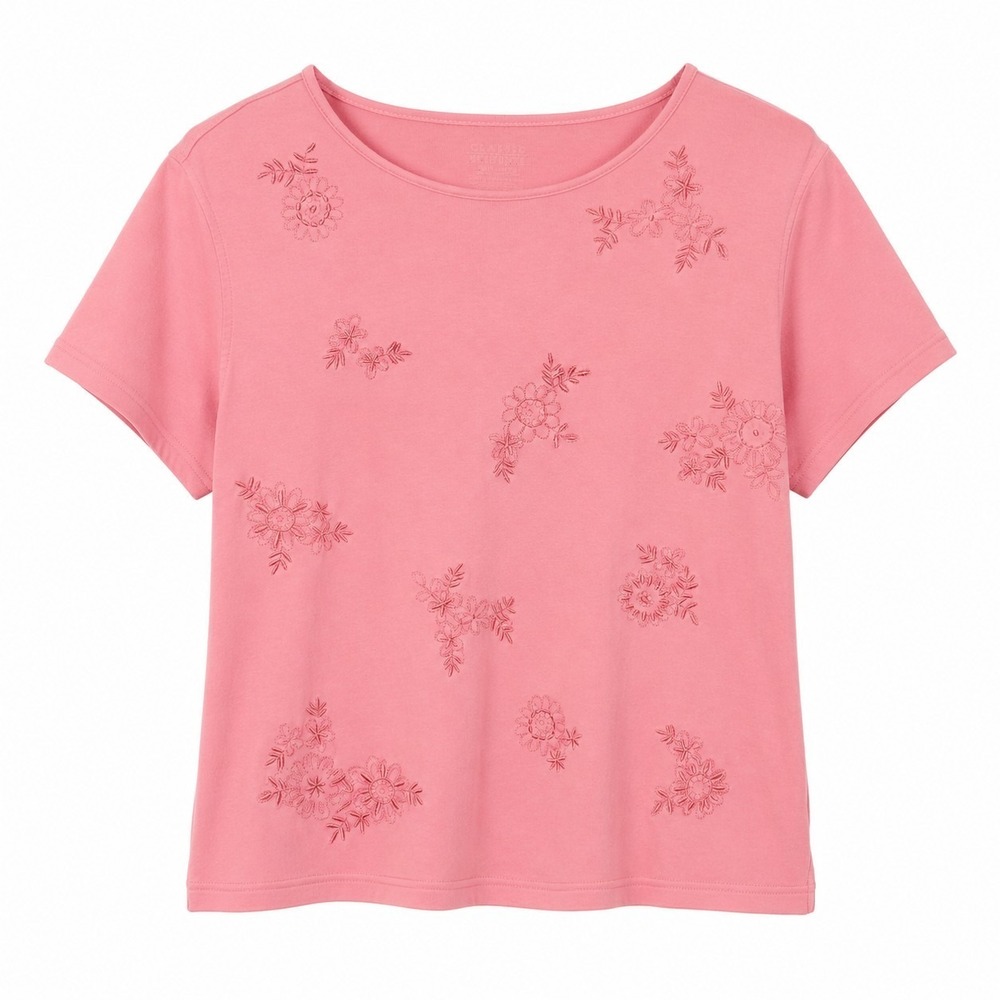 Classic‎ Elements Women's Pink Embroidered Floral T Shirt Short Sleeve Cotton...